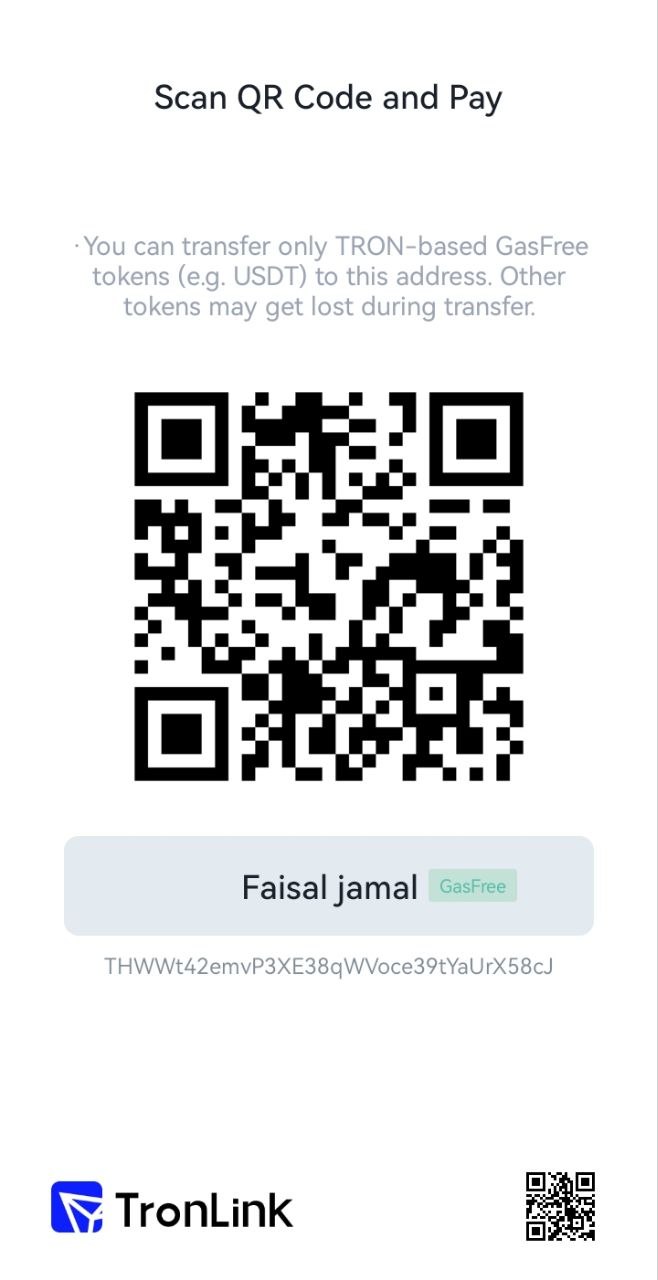 Faisal Jamal’s supplied TronLink GasFree payment card and QR code